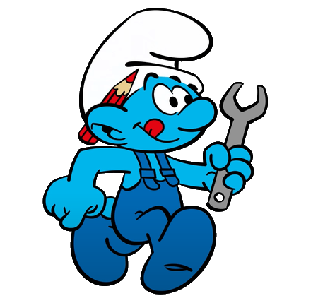 Smurf with a wrench and a pen, wearing overalls.